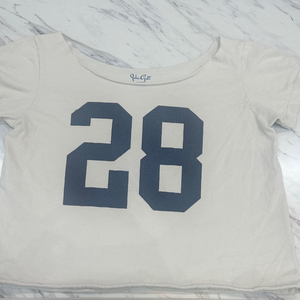 Brandy Melville Cream Short Sleeve Tee with Navy 28 Graphic